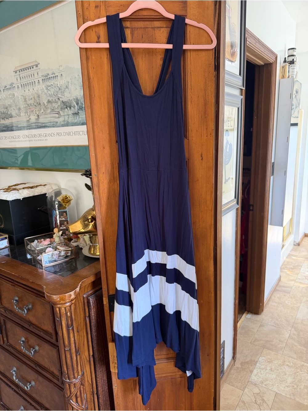 Sleeveless Navy and White Asymmetrical Handkerchief-Hem Dress